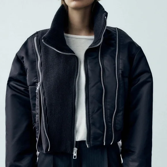 Zara Navy Zippered Pinstriped Bomber Jacket NWT - Picture 8 of 16